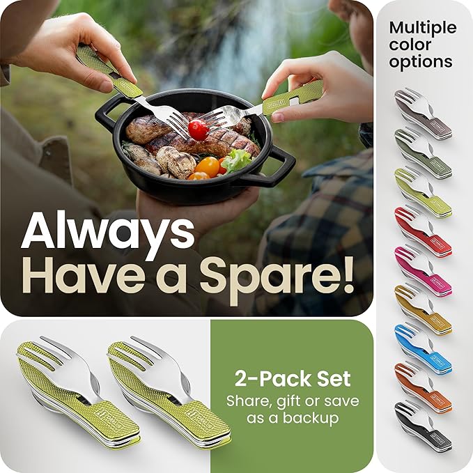 Orblue 4-in-1 Camping Eating Utensils, 2-Pack - Portable Spoon, Fork, Knife & Bottle Opener Combo