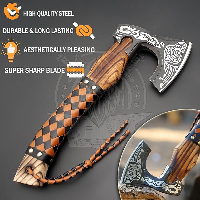 SHINY CRAFTS®- Handmade Viking Axe – Unique Gift for Him Engraved Carbon Steel Hatchet with Leather