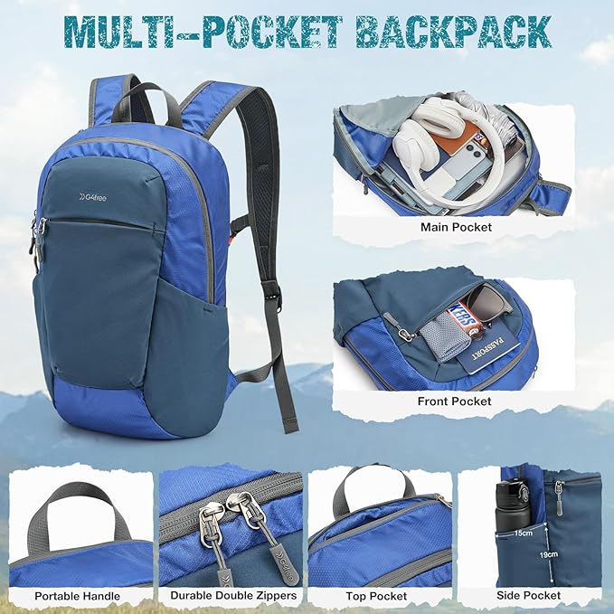 G4Free Packable Hiking Backpack 20L Lightweight Foldable Travel Daypack with Thickened Back Panel