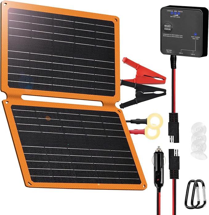 FieryRed 20W 12V Folding Solar Battery Trickle Charger Maintainer, 2-in-1 Portable Solar Trickle