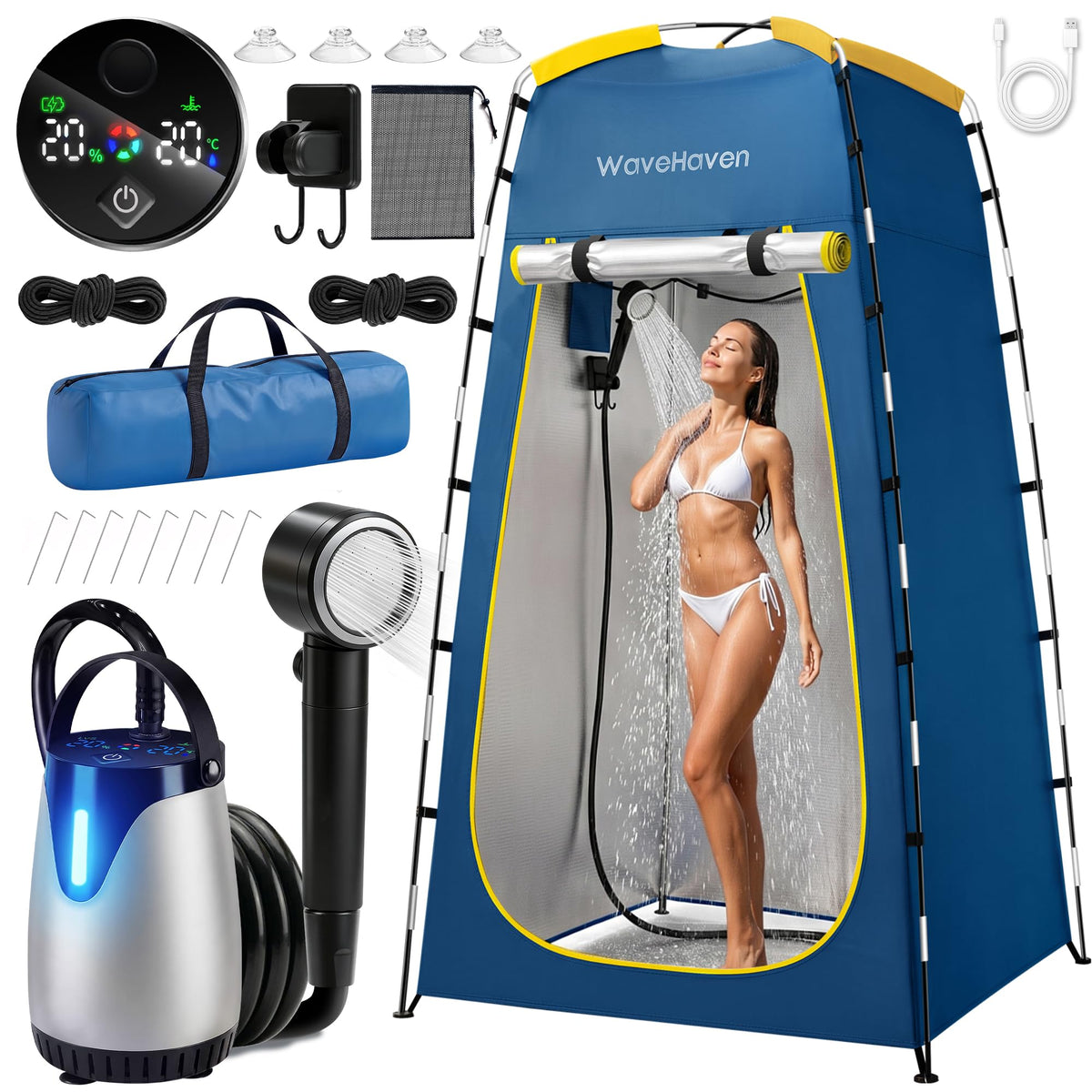 WaveHaven Portable Camping Shower, Portable Shower with Tent, 8000mAh Rechargeable Camp Shower Pump