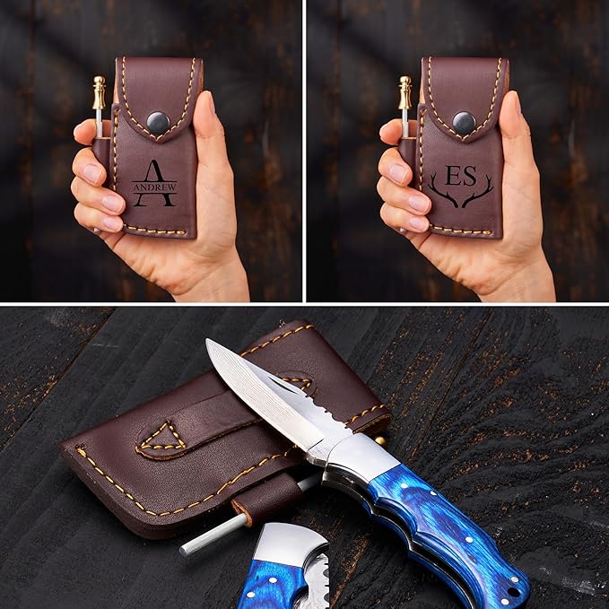 Personalized Folding Knife - Damascus Olive-Brown Pocket Knife, Custom Gift for Husband, Boyfriend