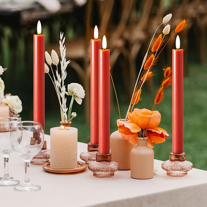Terra Cotta Flameless Taper Candles with Remote and Timer, 6 Pack LED Candlesticks, 10 Inch Fall