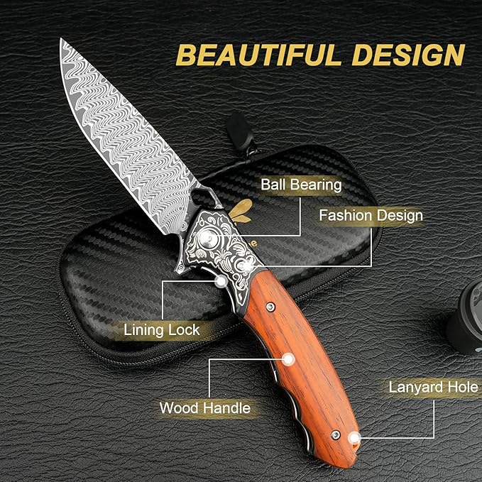 Damascus Folding Knife, 3.39" VG10 Core Damascus Steel Blade Pocket Knife for EDC, Wood Handle