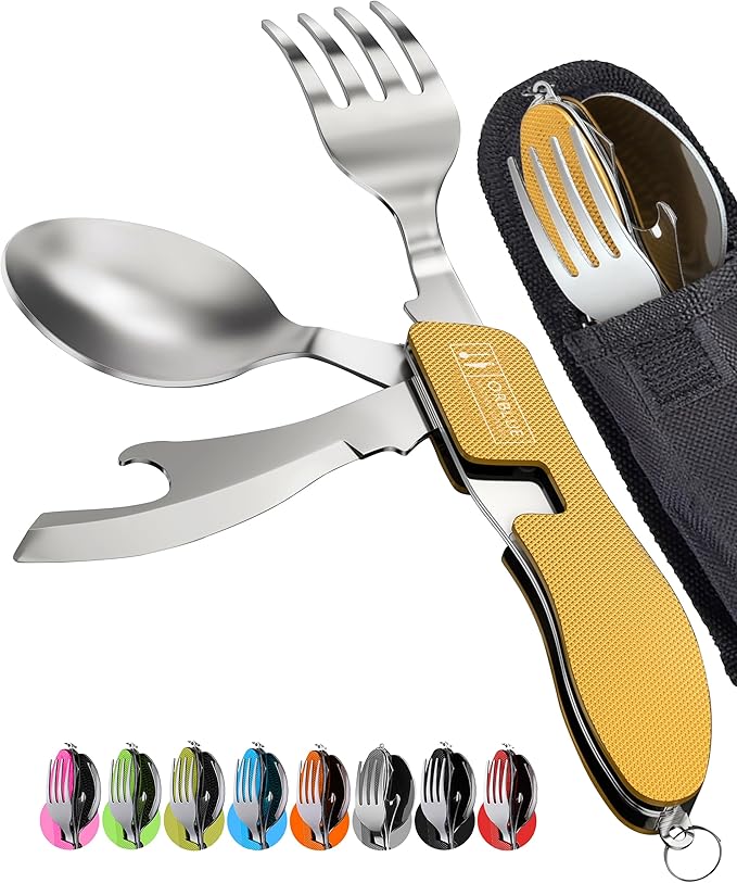 Orblue 4-in-1 Camping Eating Utensils, 2-Pack - Portable Spoon, Fork, Knife & Bottle Opener Combo