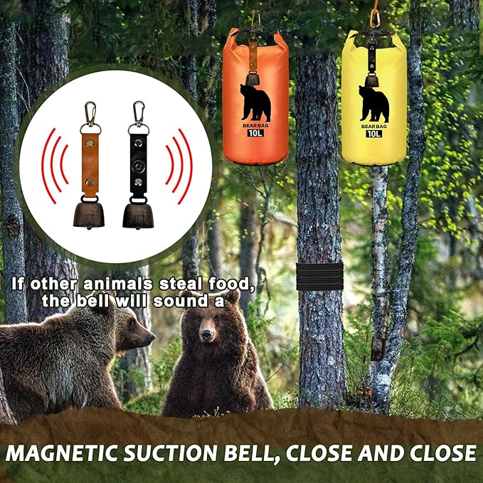 2 Pcs 10L Waterproof Bear Bags with 4 Nylon Ropes, 4 Clips & 2 Rock Pockets & 2 Small Warning Bells