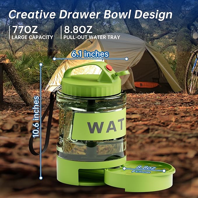 77oz Dog Water Dispenser, Camping Essentials, Large Travel Bottle with Pull-Out Drinking Bowl