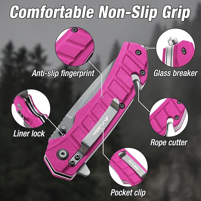 FLISSA Folding Pocket Knife, Tactical Knife with Liner Lock, Tanto Blade, Pocket Clip, Glass