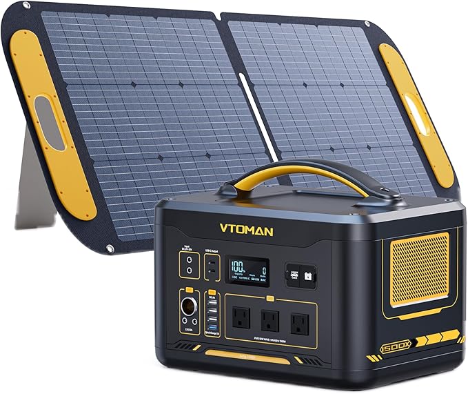VTOMAN Jump 1500X Portable Power Station with 110W Solar Panel, 1500W/828Wh LiFePO4 Battery Solar