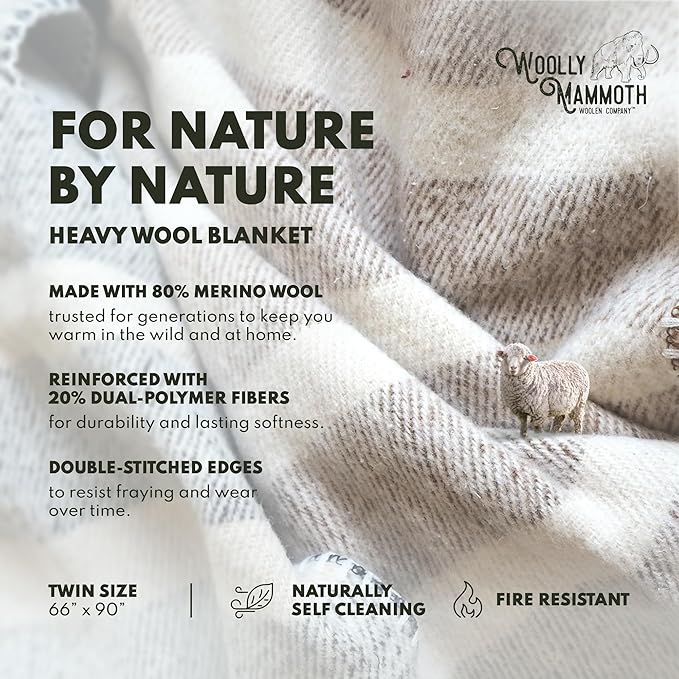 Woolly Mammoth Woolen Company Wool Blanket - 66 x 90 in, Navy & Cream Stripe, Farmhouse Style