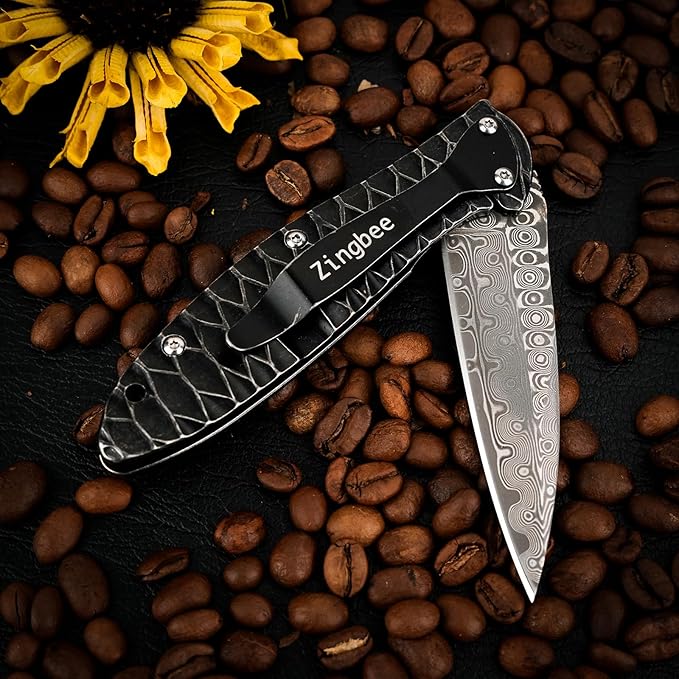 Damascus Pocket Knife, 2.87" Damascus Blade Folding Knives with Stainless Steel Handle, EDC Knife