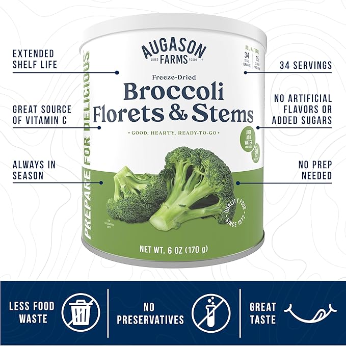 Augason Farms Freeze Dried Broccoli Florets & Stems Can, Emergency Food Supply, Everyday Meals, 34