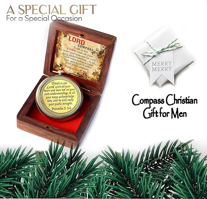 Trust in The Lord With All Your Heart - Proverbs 3:5-6 Quote Engraved Compass With Wooden Box