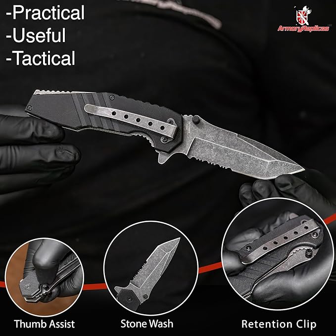 Armory Replicas??Alpha Force Tanto Spring Assisted Knife ??3CR13 Steel Blade, Stonewash Finish, G10
