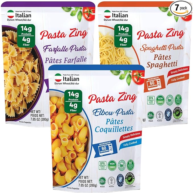 Pasta Zing Microwavable Variety Pasta Pack of 7 | 2x Elbow | 2x Farfalle, 3x Spaghetti | Microwave