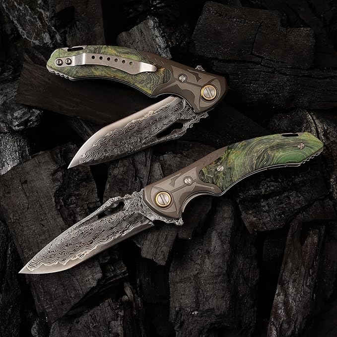VG10 Damascus Steel Folding Knife, Stable Wood with Leather cover and pocket clip, Outdoor Survival