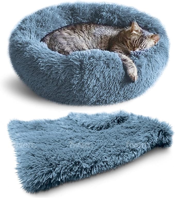 Whiskers & Friends Cat Bed Dog, Cat Beds for Indoor Cats, Orthopedic Soft Fluffy Round Calming Pet