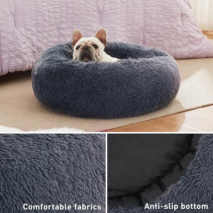 Love's cabin Calming Cat Bed for Indoor Cats, Anti-Anxiety Donut Round Dog Bed, Fluffy Faux Fur