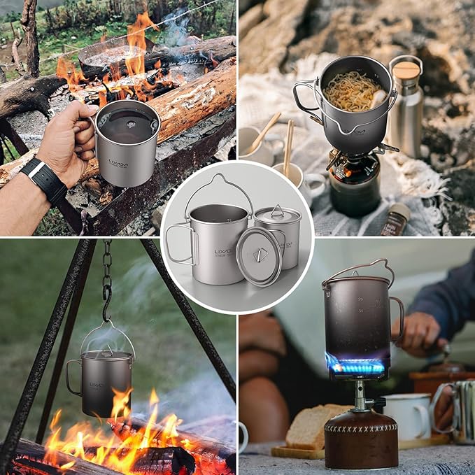 Lixada Titanium Camping Cookware with Folding Spork, 750ml Camping Titanium Pot & 450ml Coffee Mug