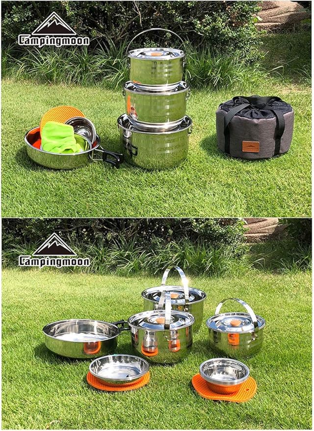 CAMPINGMOON Camping Cookware Set Stainless Steel Outdoor Nesting Cooking Mess Kit Pots Pans Bowls