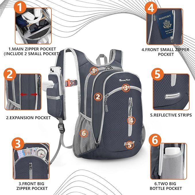 Seektop Small Hiking Backpack 12L to 15L Expandable Travel Packable Waterproof Daypack Lightweight
