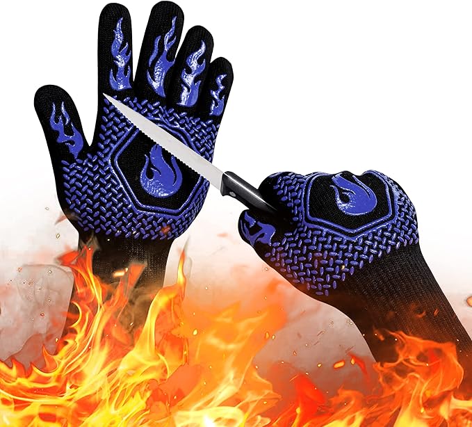 BBQ Fireproof Gloves, Grill Cut-Resistant Gloves 1472°F Heat Resistant Gloves, Non-Slip Silicone
