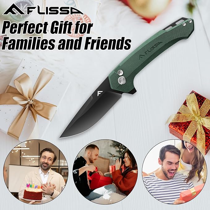 FLISSA Pocket Folding Knife, 3.2??D2 Blade G10 Handle EDC Knife with Button Lock and Pocket Clip