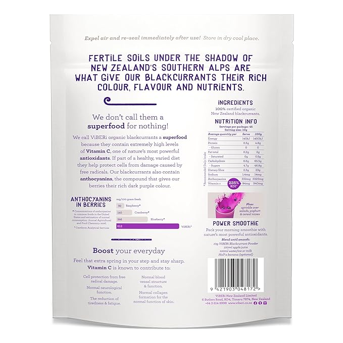 ViBERi Organic Blackcurrant Powder 450g (Loose Powder) | New Zealand Grown Superfruit | Naturally
