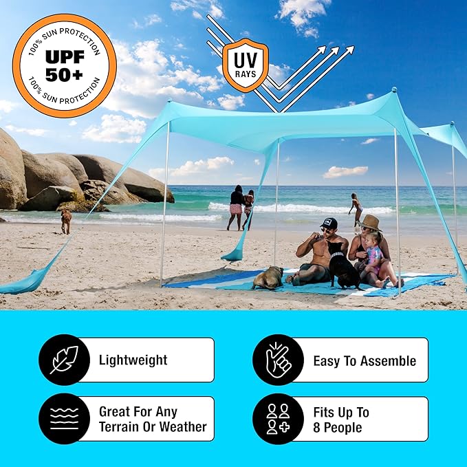 SUN NINJA Beach Tent Sun Shelter UPF50+ - Easy Pop Up Beach Canopy - Outdoor Shade for Camping