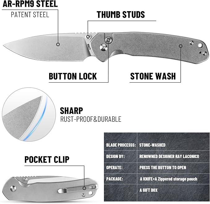 CJRB CUTLERY Pocket Knife Pyrite (J1925L) Button Lock EDC Large Foldable Knife AR-RPM9 Steel Blade