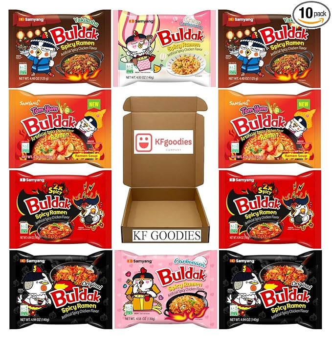 KF GOODIES Korean Ramen Variety Pack Gift Box (10 Count) – Spicy Buldak Noodle Assortment for