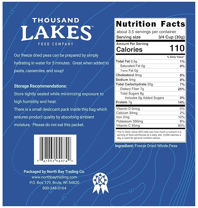 Thousand Lakes Freeze Dried Vegetables - Whole Peas 2-pack 3.5 ounces (7.0 ounces total) | No Salt