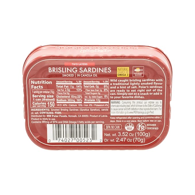MW Polar Smoked Brisling Sardines in Canola Oil, 3.52 oz Can, Wild Caught (Pack of 12)