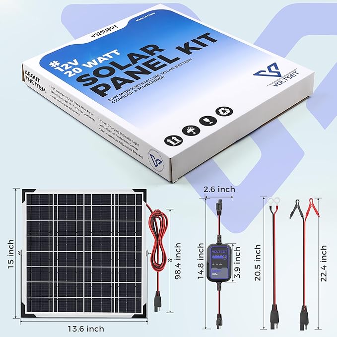 Solar Panel Kit 20W 12V with MPPT Controller, Solar Battery Trickle Charger Maintainer, Waterproof