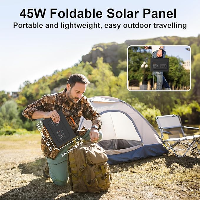 45W Portable Solar Panel Charger with USB-C, USB-A and DC Outputs 18V Foldable IP67 Waterproof