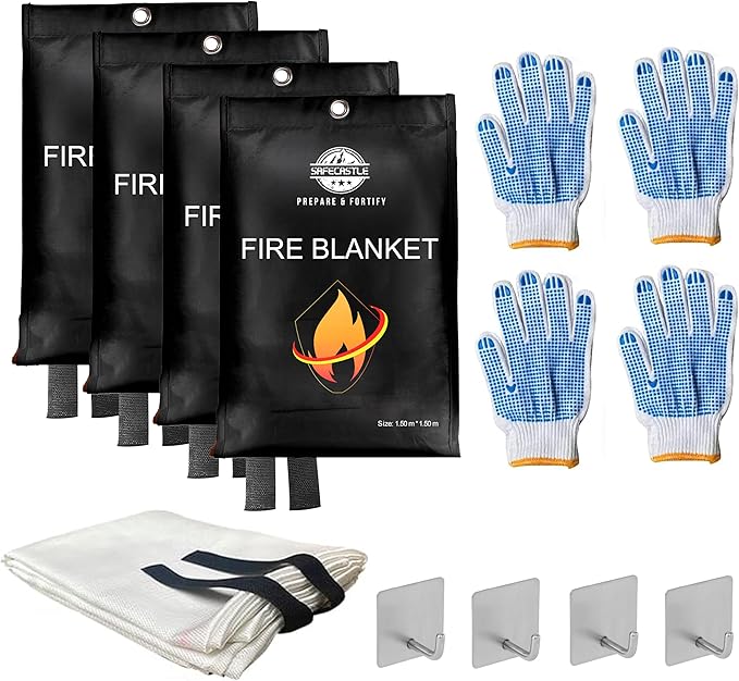 SAFECASTLE Emergency Fire Blanket 59"x59" Large Size, 4 Pack + 4 Hooks & 4 Gloves Fire Retardant