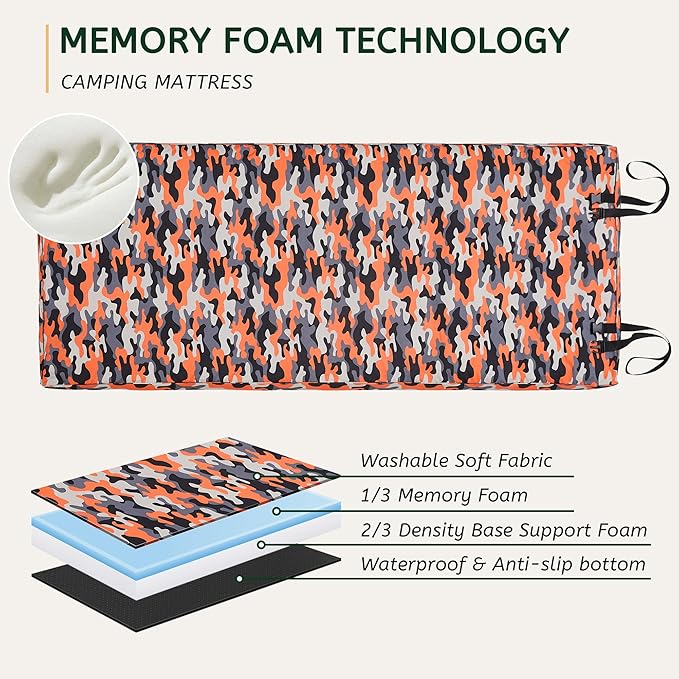 HomeMate CertiPUR-US Memory Foam Camping Mattress Pad Portable Roll Up Mattress for Adults Sleeping