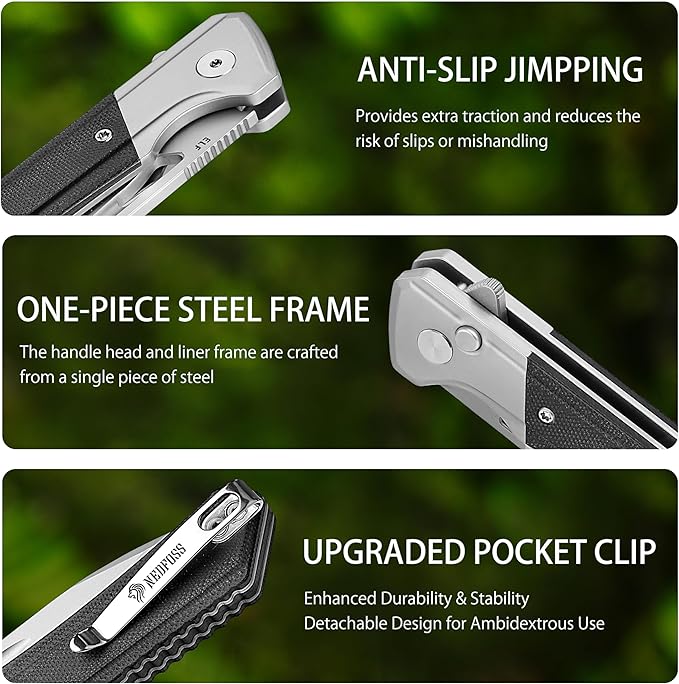 NedFoss ELF II Pocket Knife, 3.3" 14C28N Blade Button Lock EDC Knife with G10 Handle, Flipper Open