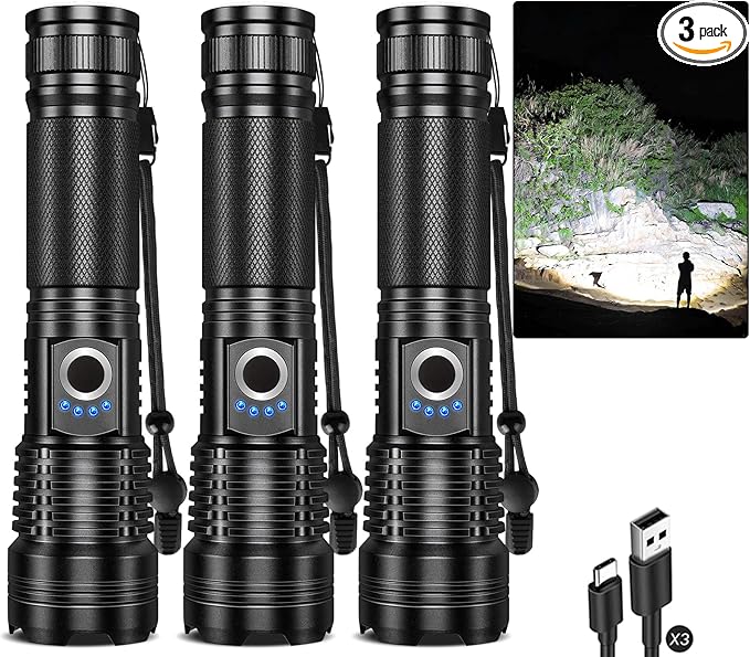 Flashlight Rechargeable 90,000 High Lumens - 3 Pack Bright LED Flash Light with 5 Modes, Handheld