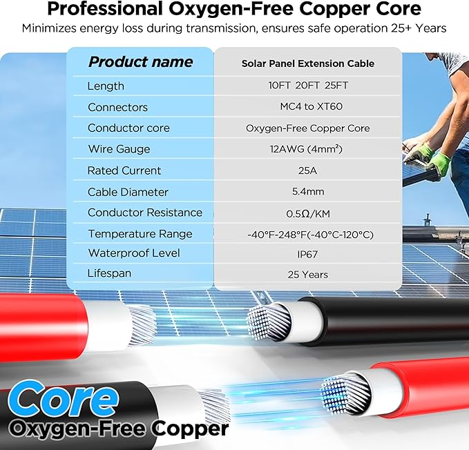 Mc4 to Xt60, 20FT Xt60 Connector Solar Charge Cable, 12AWG Pure Copper Solar Panel Mc4 to XT60