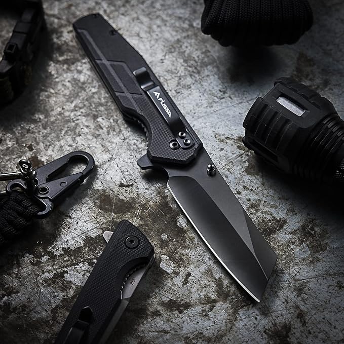 FLISSA Pocket Knife, 3.5" Folding Stonewash Blade Tactical Knife, G10 Handle, for Outdoor