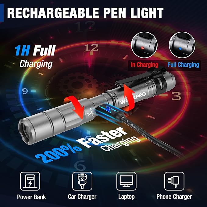 WORKPRO Rechargeable Pen Light, Mini Flashlight, 2 Pack Ultra-Compact EDC Flashlight, Pocket