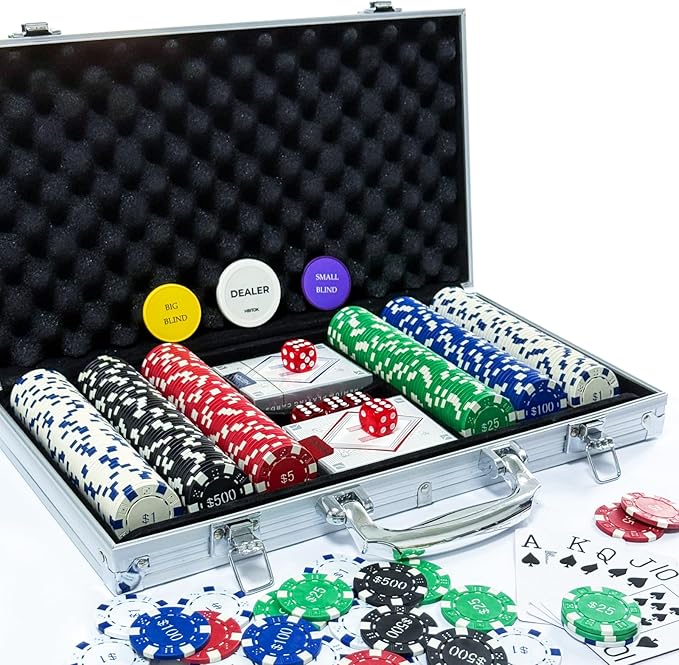 Poker Set with Denominations, 300-pcs 11.5g Weighted Numbered Chips, 5 Dice, 2 Decks with Compact