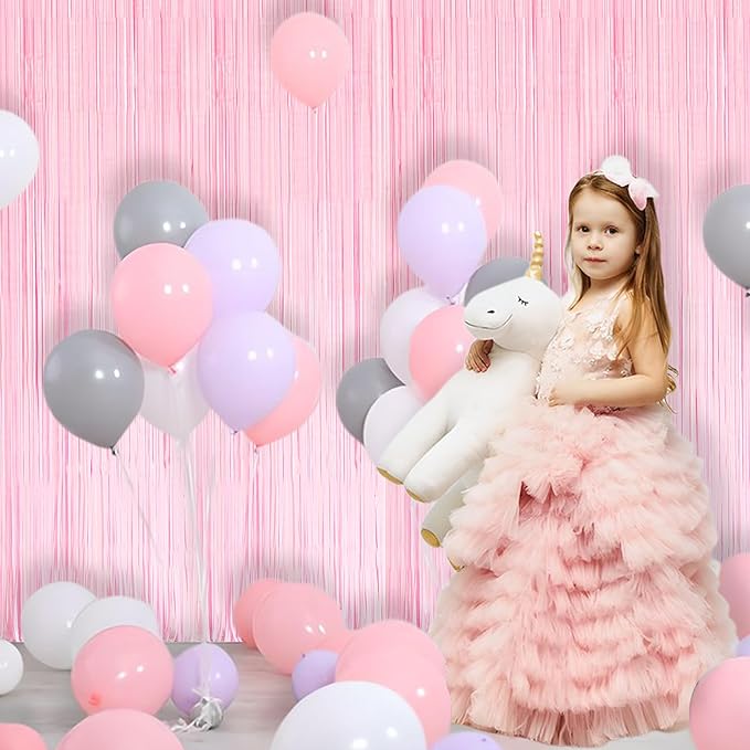 BRAVESHINE Pastel Pink Foil Fringe Curtains Tinsel Backdrop - 2 Pack Photo Booths Party Streamers