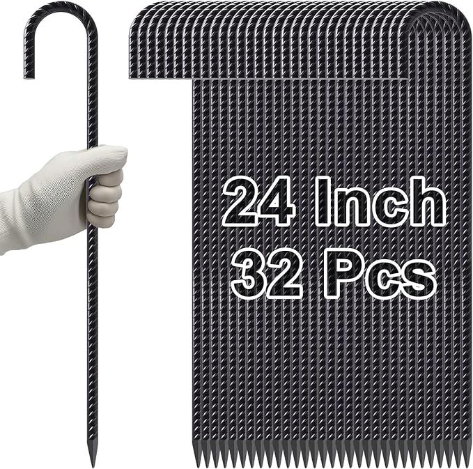 VVOKGO Rebar Stakes 24 Inch J Hook Heavy Duty Ground Anchors (32pcs), 3/8 Inch Diameter Metal Steel