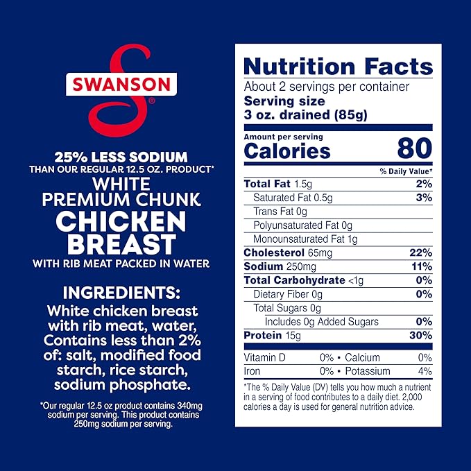 Swanson 25% Less Sodium White Premium Chunk Canned Chicken Breast in Water, 12.5 OZ Can