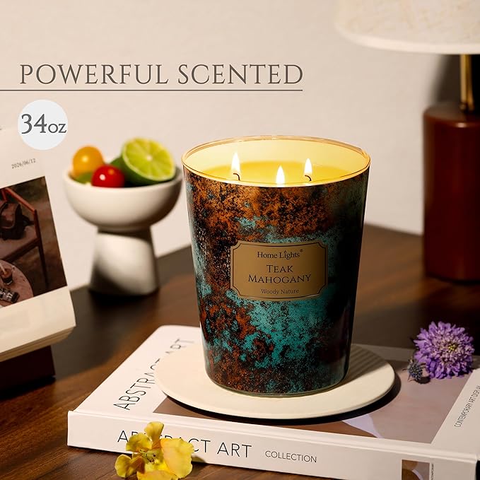HomeLights Large jar Candle | 3-Wick Long-Lasting Scented Candles, 34oz Natural Soy Wax Candle for