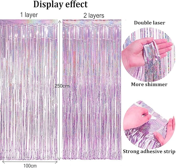 BRAVESHINE Pink Blue Tinsel Foil Fringe Curtains - 2Pcs 3.2x8.2ft Holidays Photo Streamers Backdrop