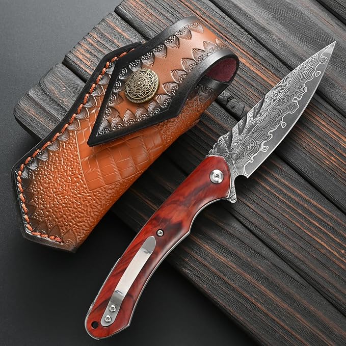 Sitivien ST242 Damascus Steel Folding Knife,Flipper Liner Lock Knife with Damascus VG10 Core