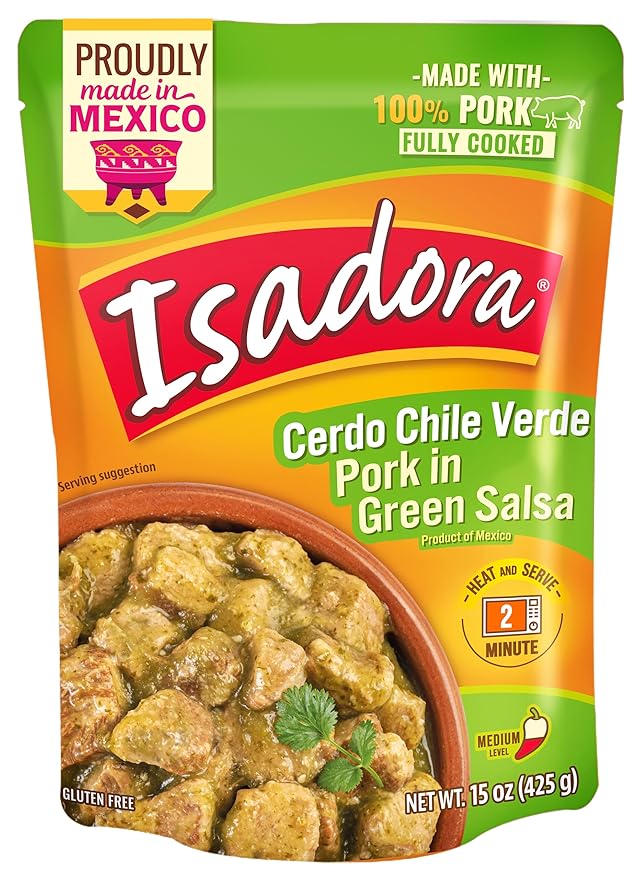 Isadora Fully Cooked Pork Chile Verde 15 oz, Ready-to-eat, Pork in Green Salsa, Medium Heat, Shelf